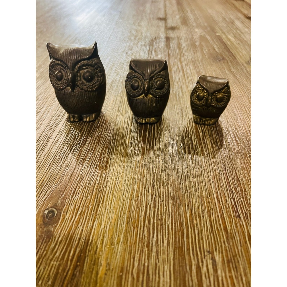 Vintage Brass Owl Figurines Set 3 Mid Century Modern Decor Bronze Tone Statues